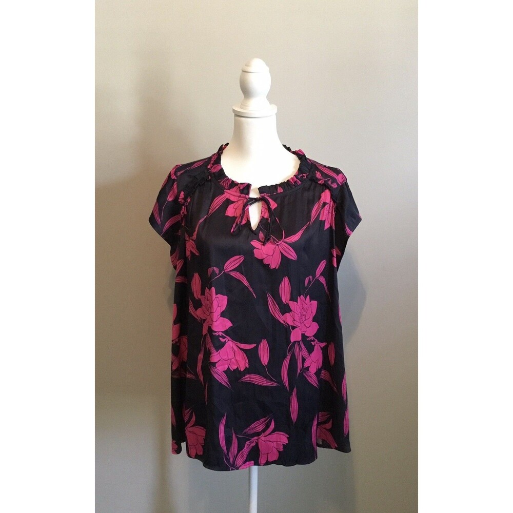 VTG Lane Bryant Floral Blouse 18/20 Tie Neck Ruffled Pull On Short Sleeve Satin